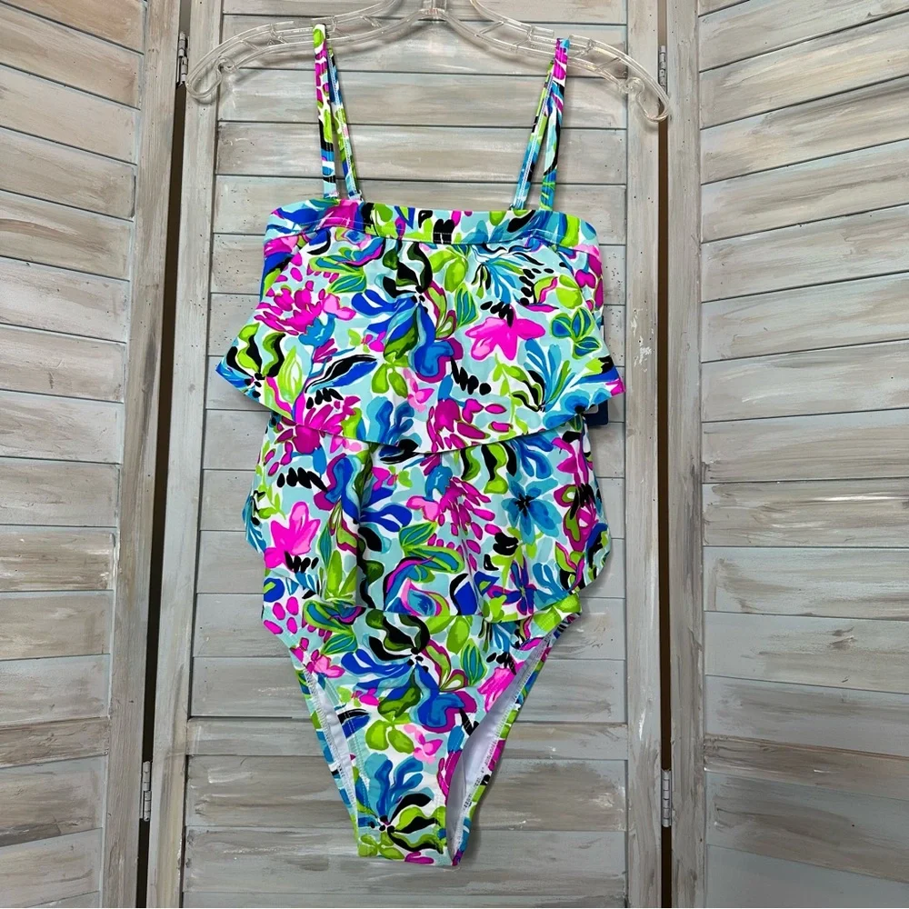 Caribbean Joe tiered bandeau 1 piece swimsuit removable straps floral Small NWT
